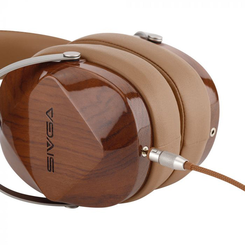 Wooden headphones with a brand logo on a white background