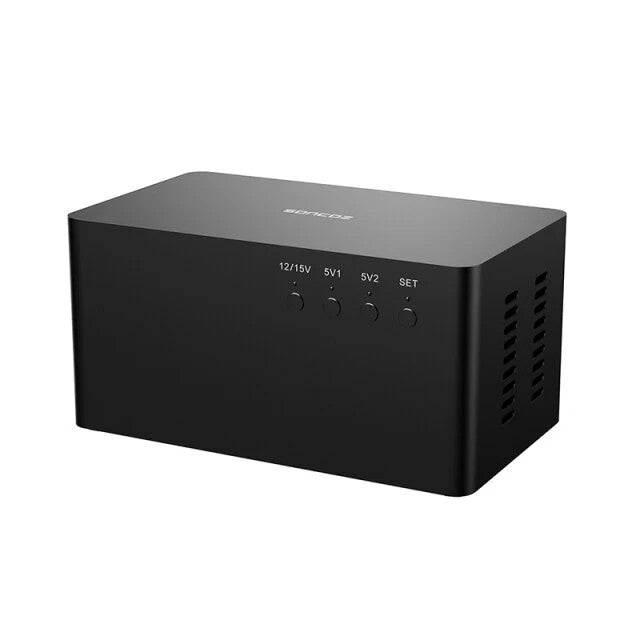 Black linear power supply with front voltage knobs and SET control panel