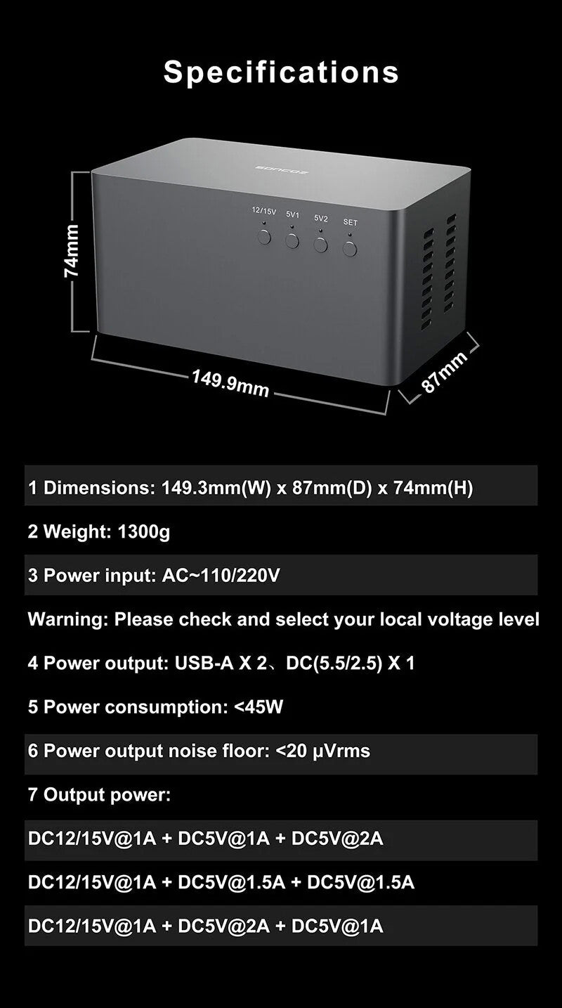 Linear power supply specifications panel with size, weight, and output ratings