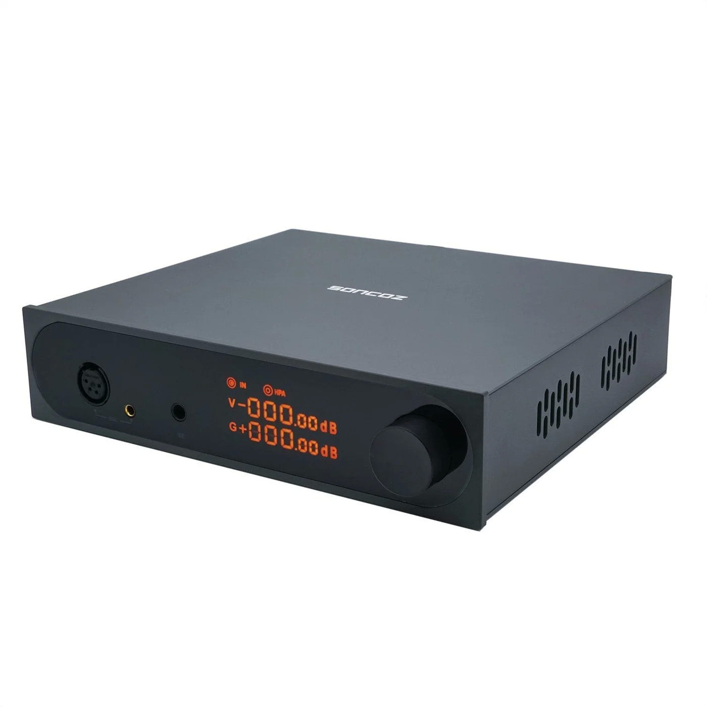 A black electronic audio device with a digital LED display showing volume and gain levels, photographed on a solid white background.
