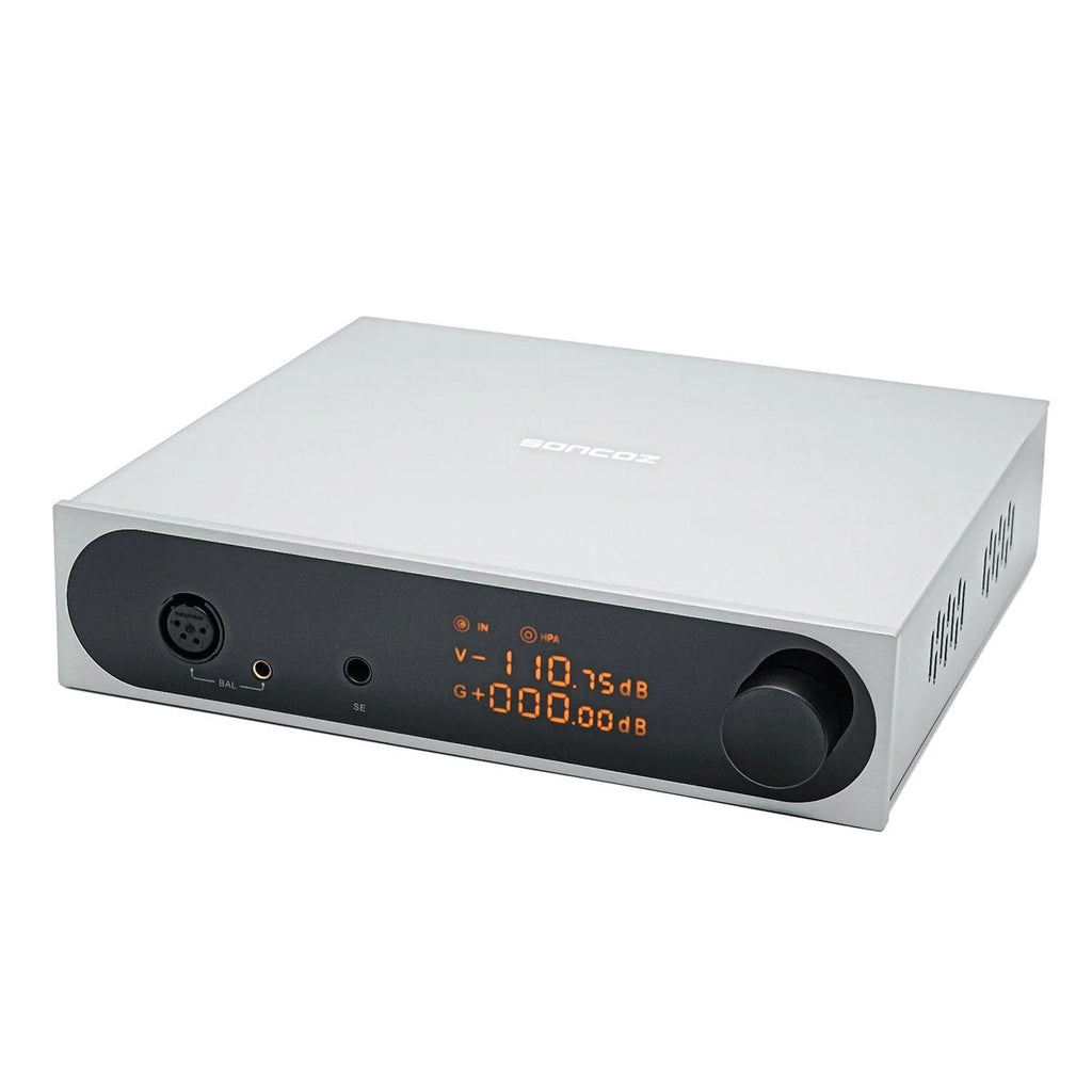 Silver headphone amp/preamp with front ports and oval knob