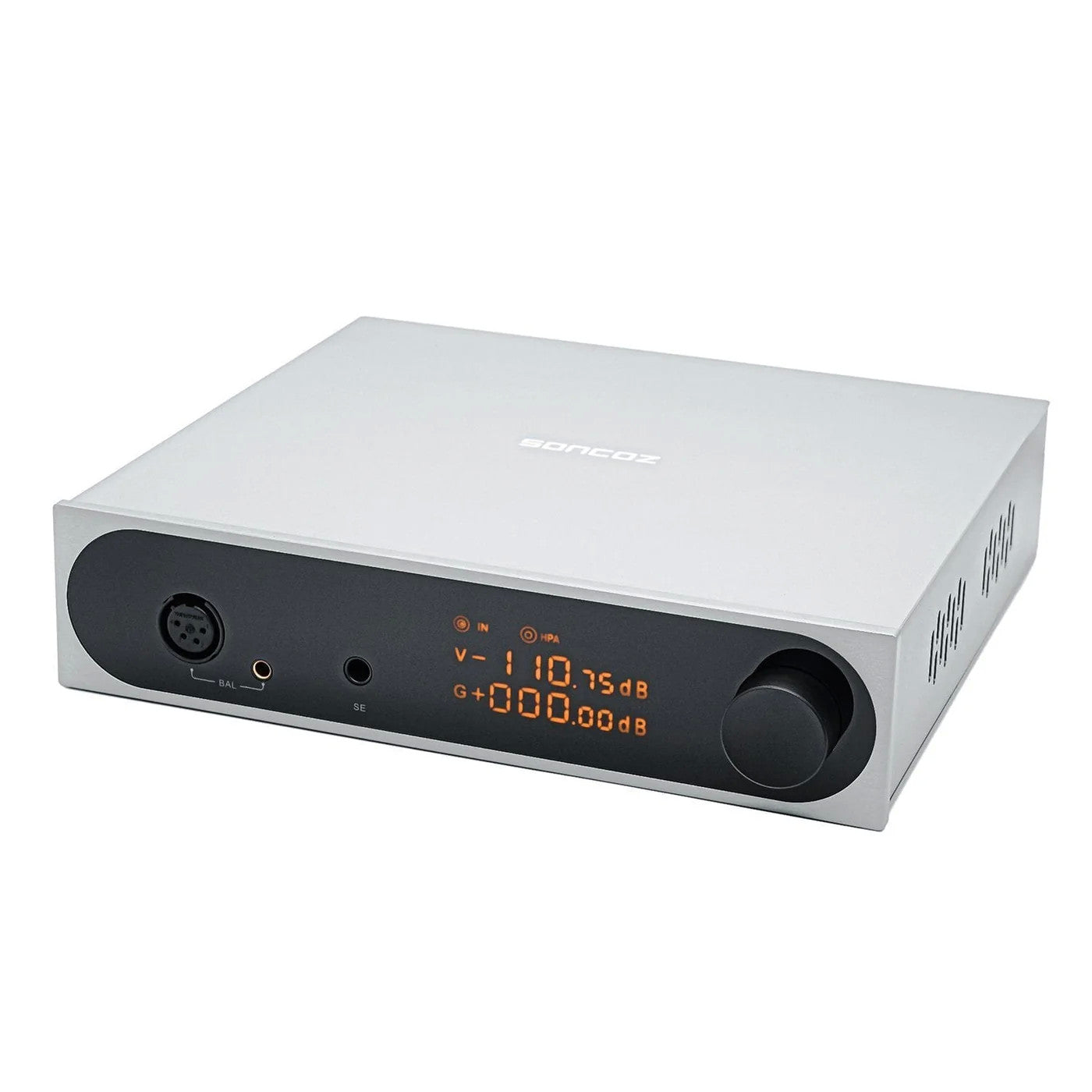 A silver and black soncoz electronic device with an orange digital display screen, shown on a plain white background.