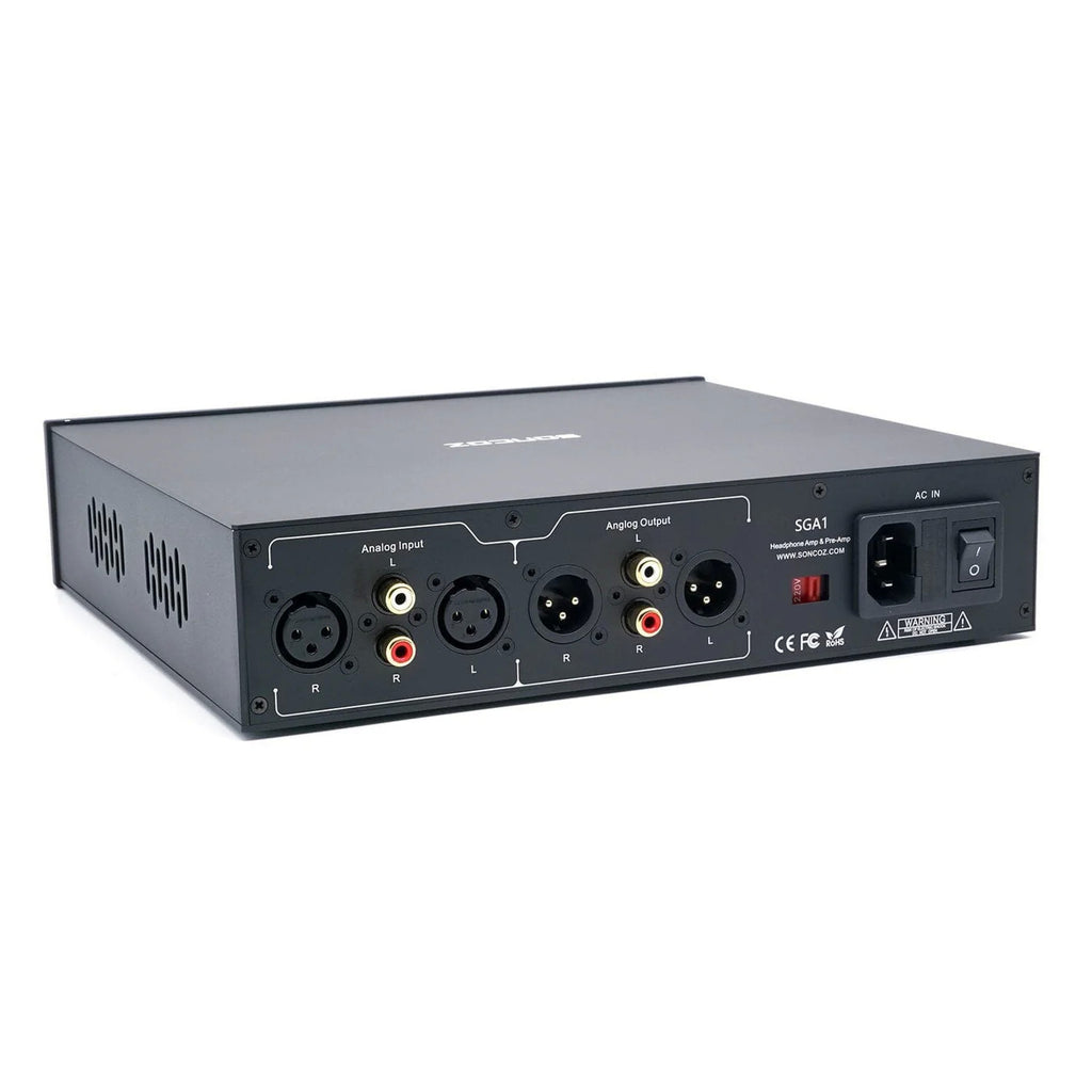 Headphone amp/preamp rear panel with audio jacks, power switch, and IEC input