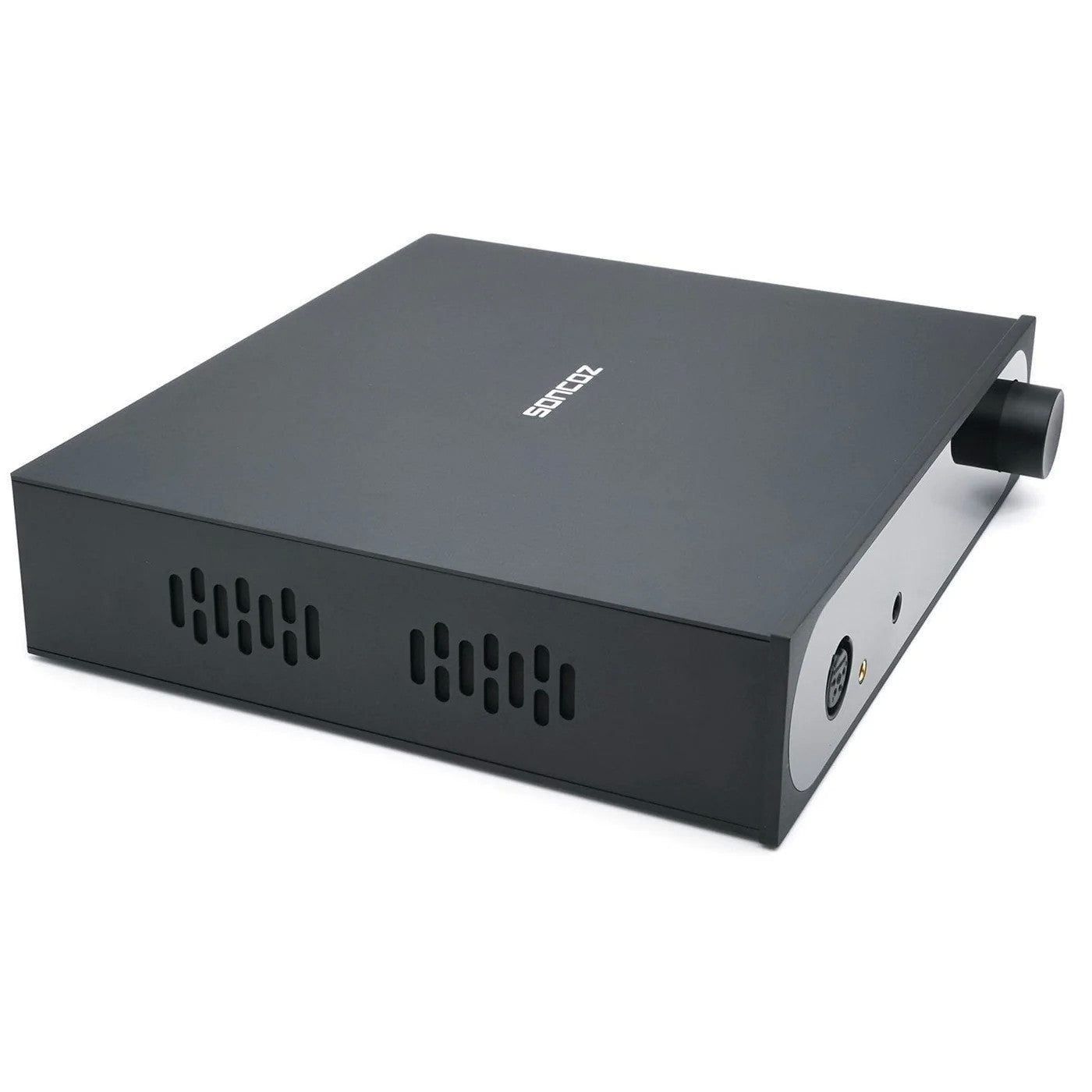 A black rectangular electronic device with ventilation slots on the front, a small white 'Soncoz' logo on the top, and a black rotary knob on the side, photographed on a white background.