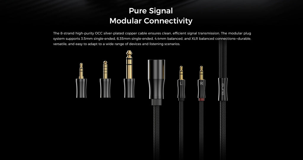Pure Signal Modular Connectivity 8-strand high purity OCC silver-plated copper cable with modular plug connectors shown against a black background with descriptive text.