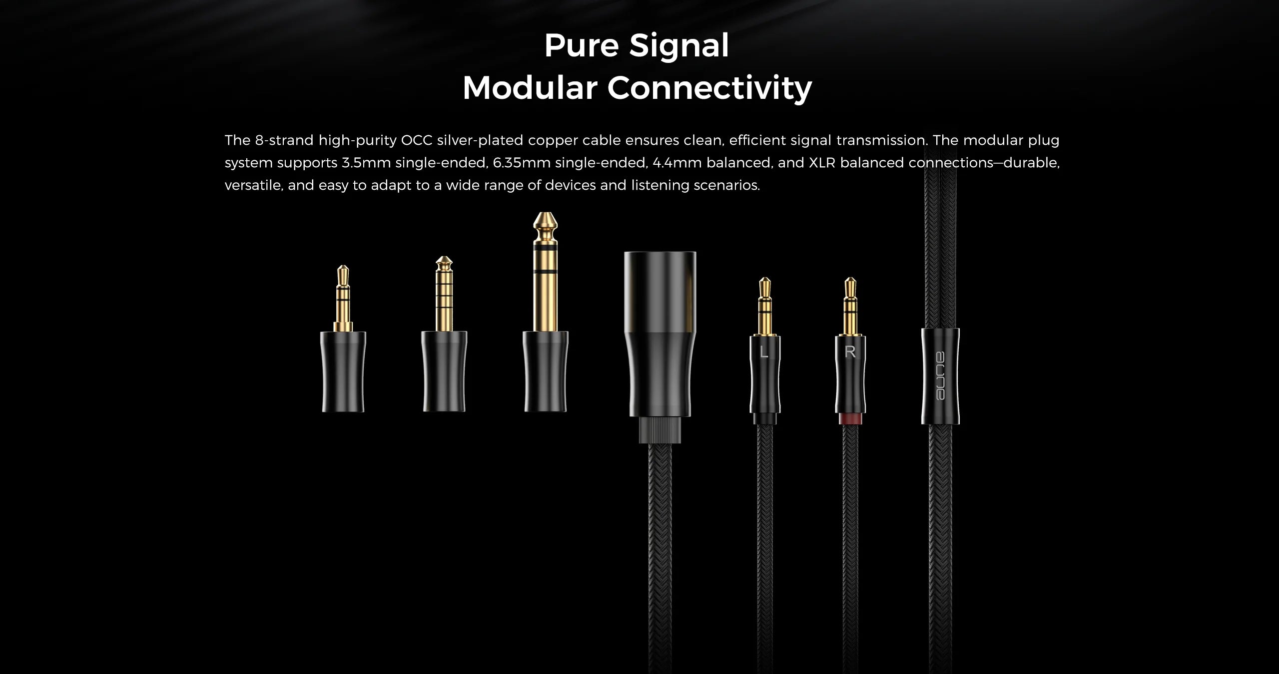 Pure Signal Modular Connectivity 8-strand high purity OCC silver-plated copper cable with modular plug connectors shown against a black background with descriptive text.