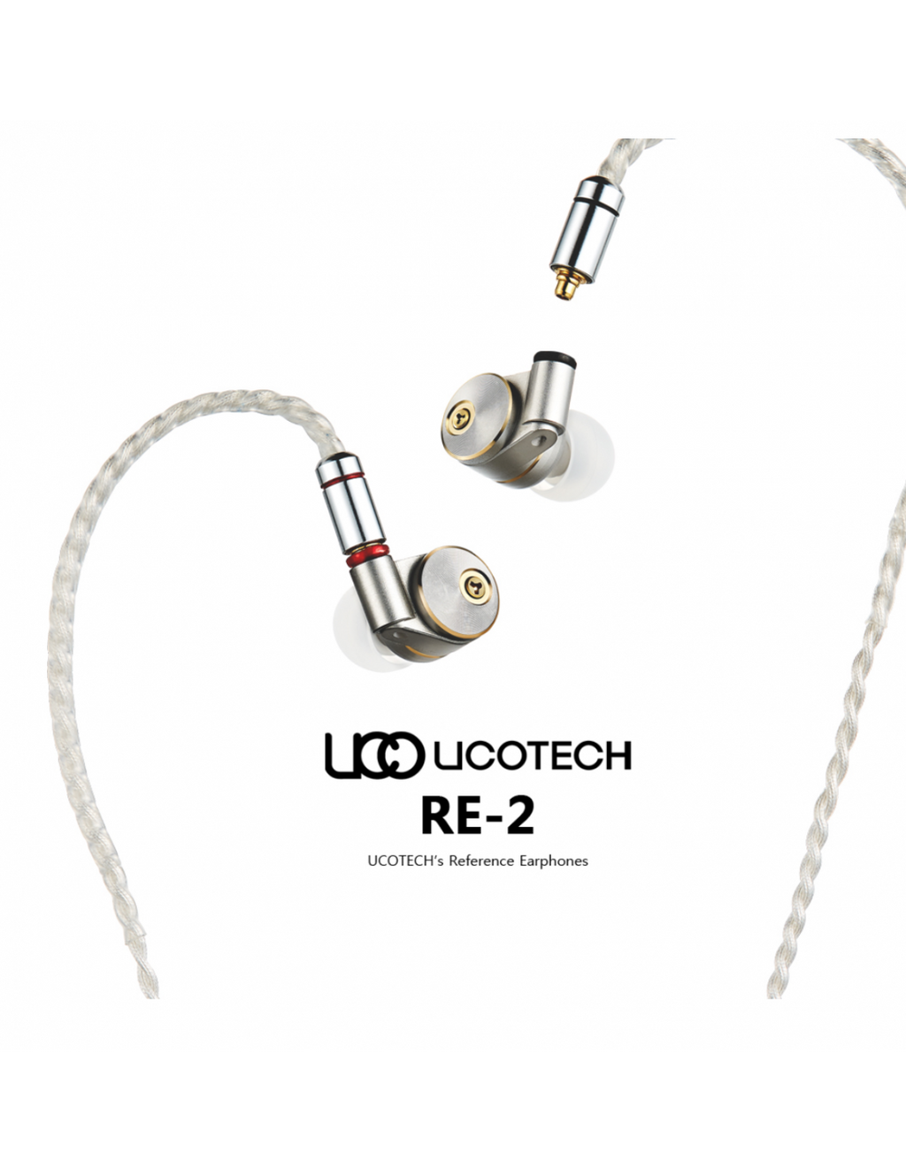 Silver in-ear earphones with gold faceplates and red/black accents, braided cable