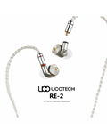 Silver in-ear earphones with gold faceplates and red/black accents, braided cable