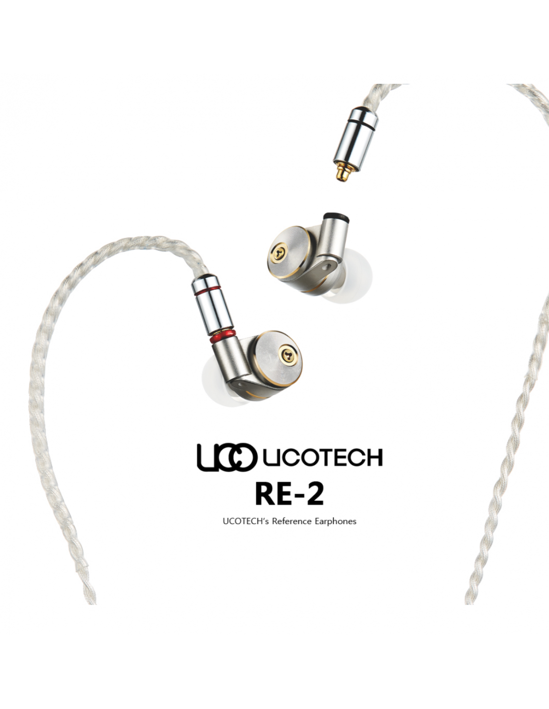 Silver in-ear earphones with gold faceplates and red/black accents, braided cable