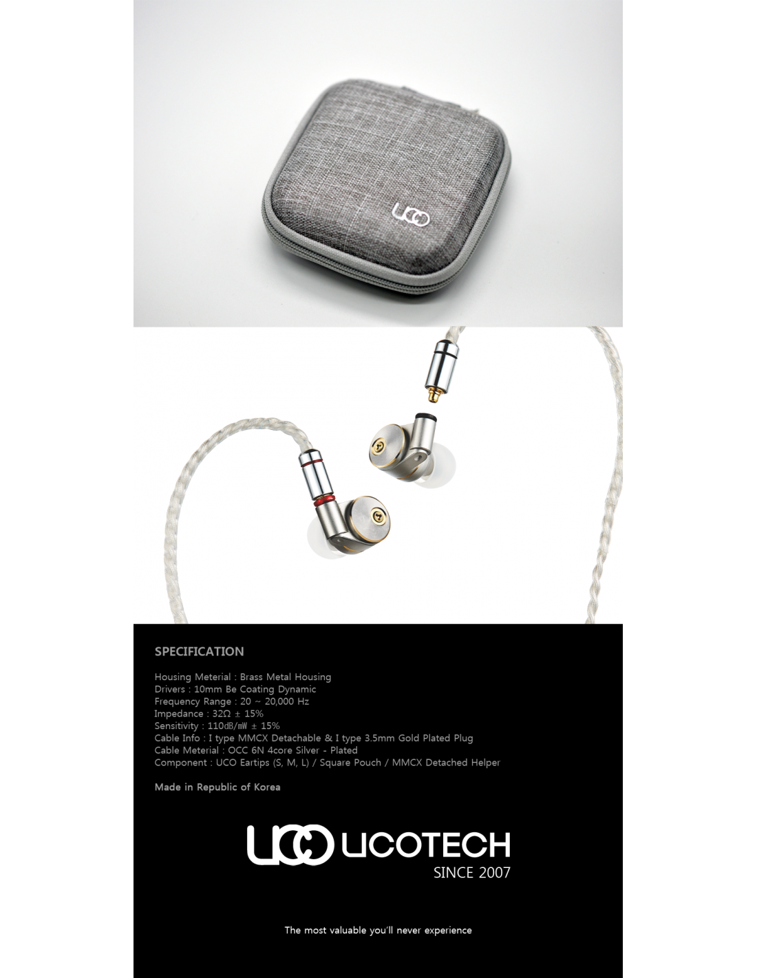Gray zip case with logo, silver in-ear earphones with braided cable