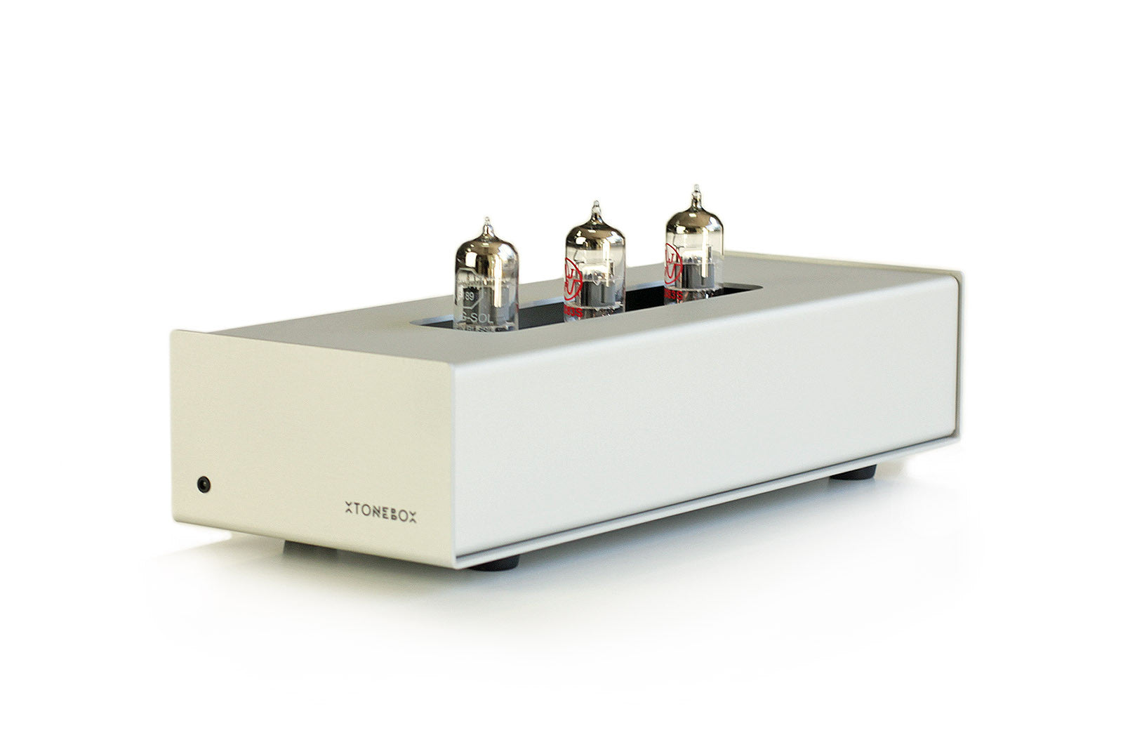 XTONEBOX 60SP MM phono stage with three vacuum tubes, silver chassis