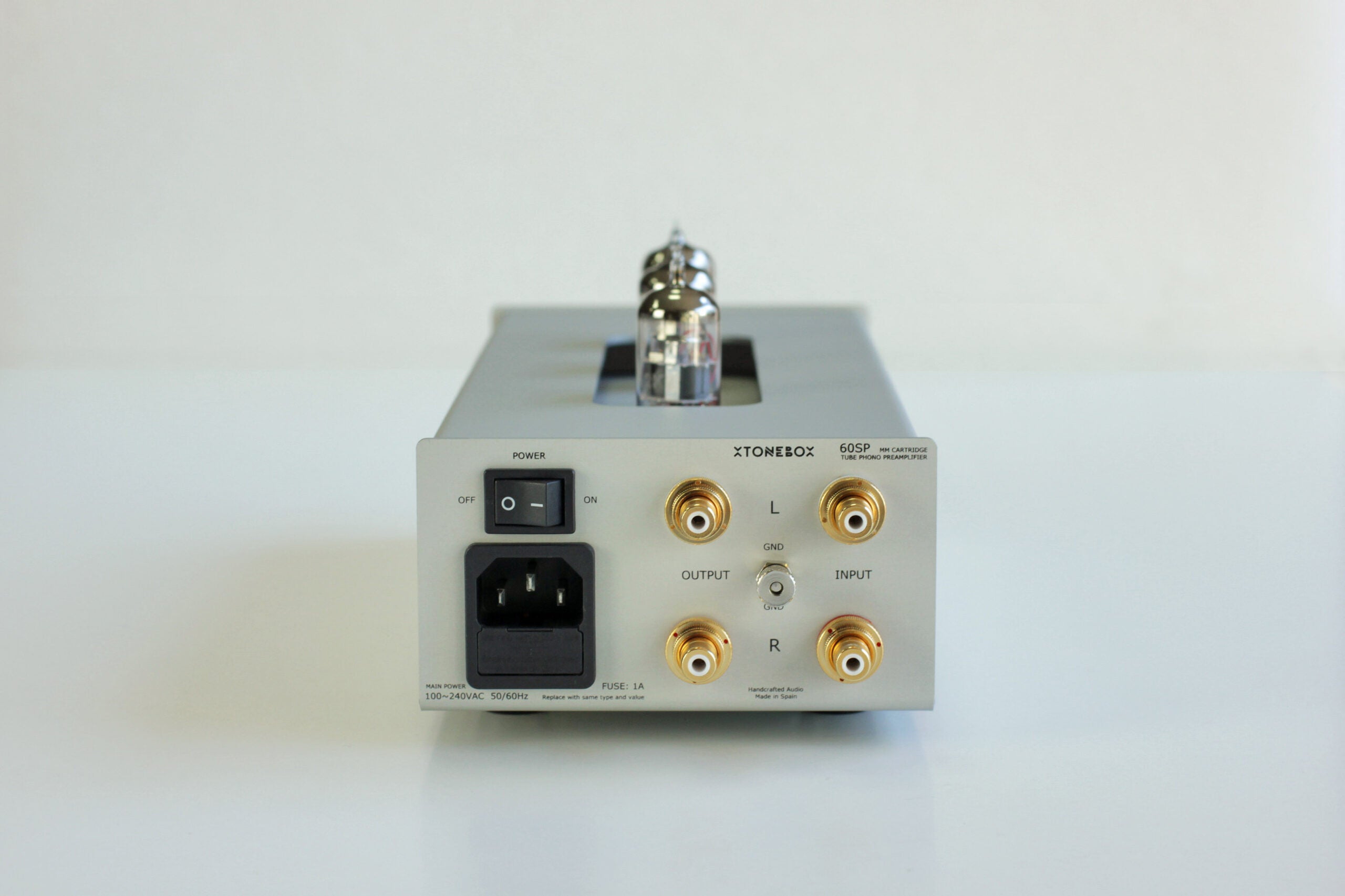 XTONEBOX 60SP MM phono stage front panel with vacuum tube and input/output jacks