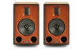 Wooden portable speaker with black woofer and two side ports, front view (pair)