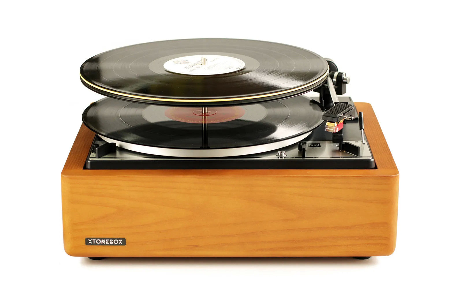 Xtonebox 121ST wooden turntable with black platter, record, and tonearm
