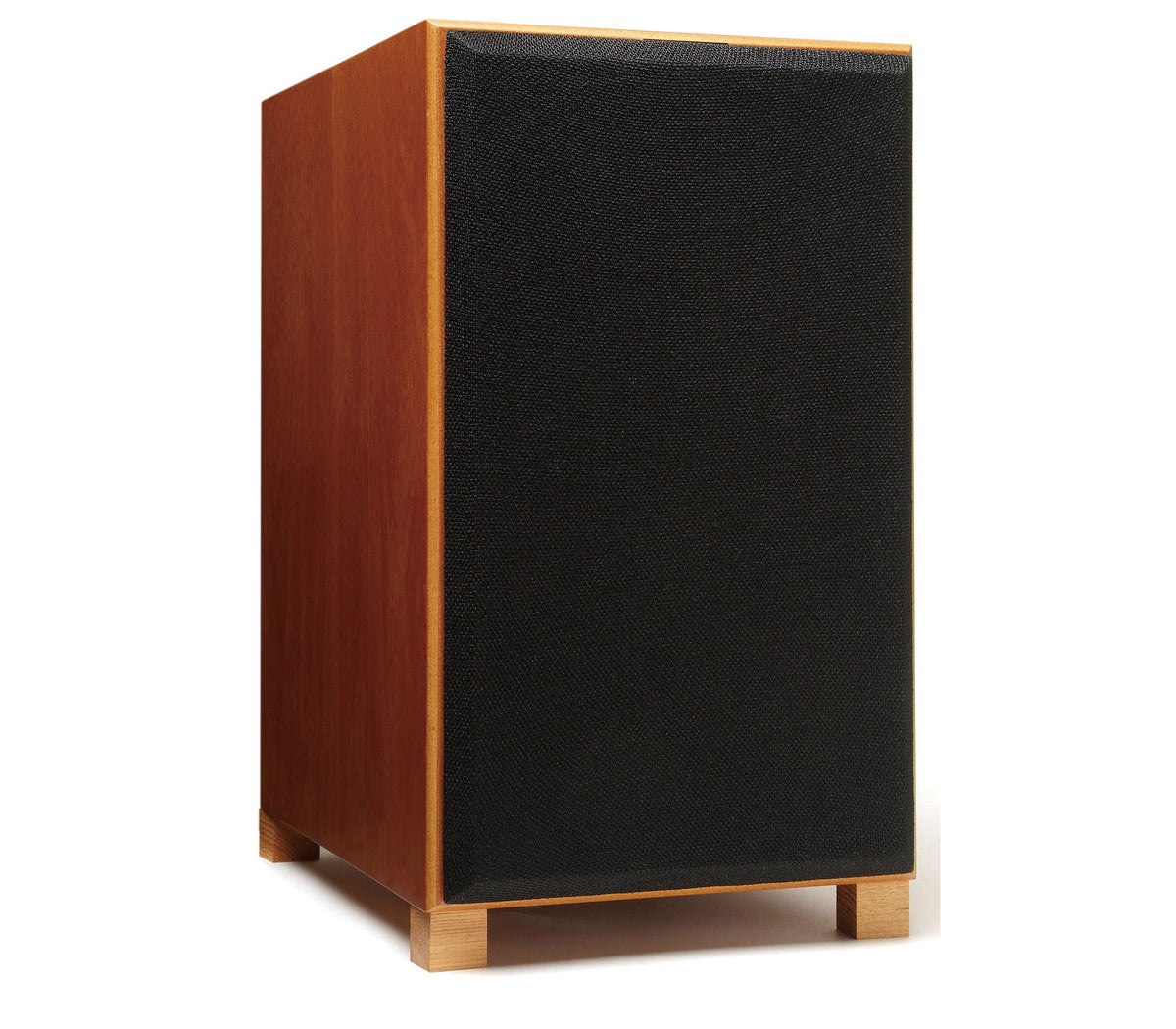 A tall wooden speaker cabinet with a black textured front baffle and light natural wood trim and feet, shown on a plain white background.