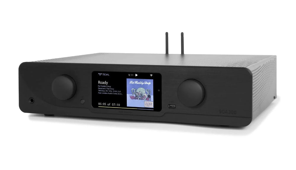 Modern Atoll audio hifi amplifier with streamer with digital display on a white background