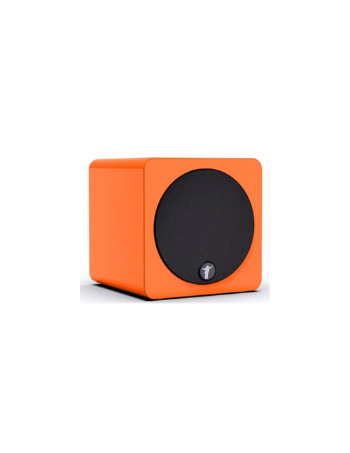 A bright orange cube-shaped speaker with a circular black front grille and a small silver logo at the bottom center, shown on a plain white background.