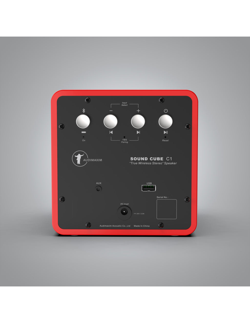 Audimaxim C-1 Soundcube wireless Bluetooth loudspeaker, black face with red trim knobs