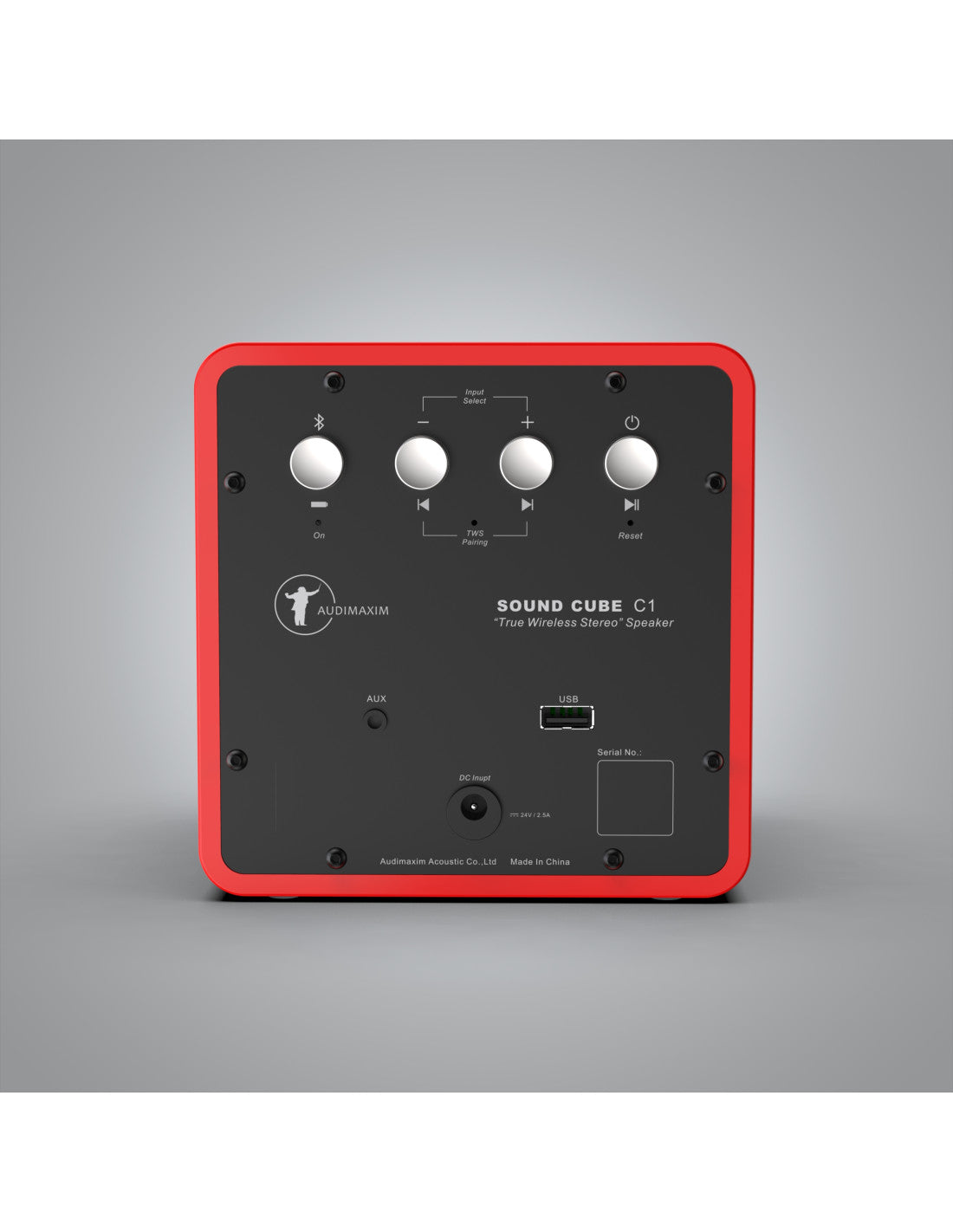 Audimaxim C-1 Soundcube wireless Bluetooth loudspeaker, black face with red trim knobs