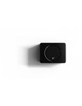 Black wall-mount loudspeaker with round knob-like control and logo on front