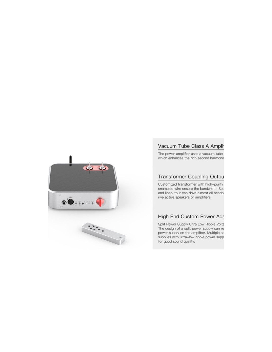 A audimaxim VT-1  vacuum tube class A amplifier with a silver and black metal chassis, a red rotary volume knob, a separate white transformer coupling output stage, and a small white remote control, shown next to a printed product information card on a white background.