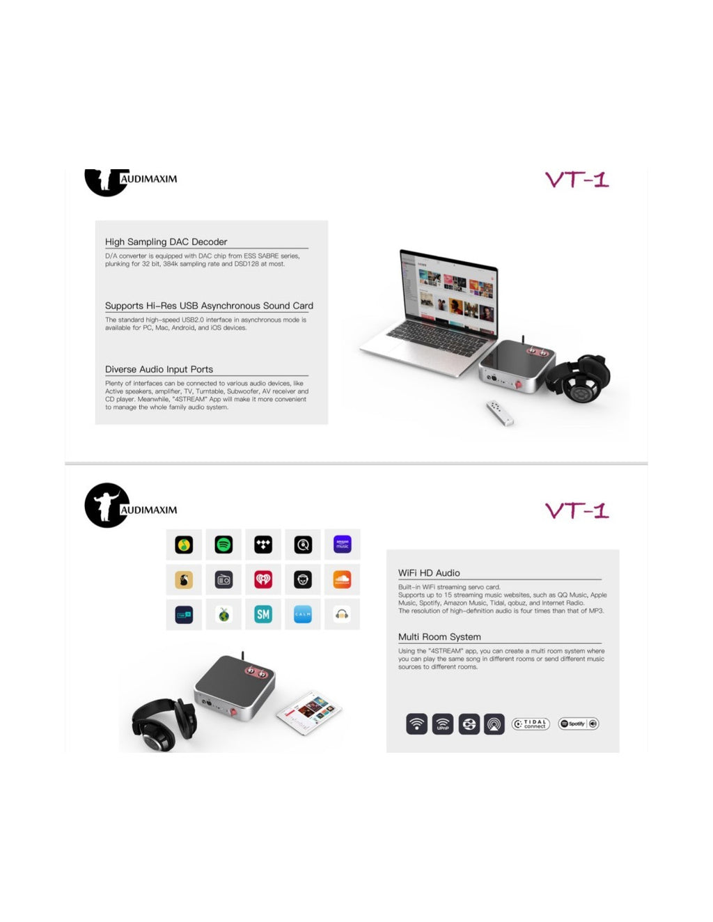 Silver vacuum tube headphone amplifier with black over-ear headphones and input labels