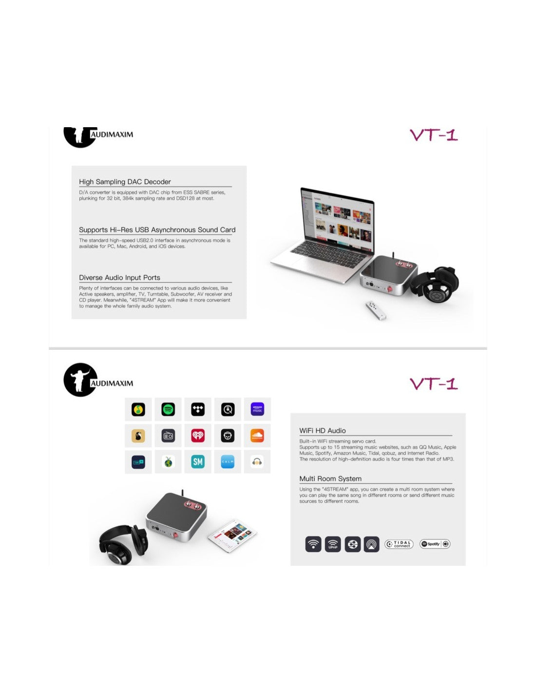 A product information sheet for the audimaxiVT-1 USB audio streamer, showing the device with headphones, a laptop, and a remote on a white background with feature callouts and app icons.