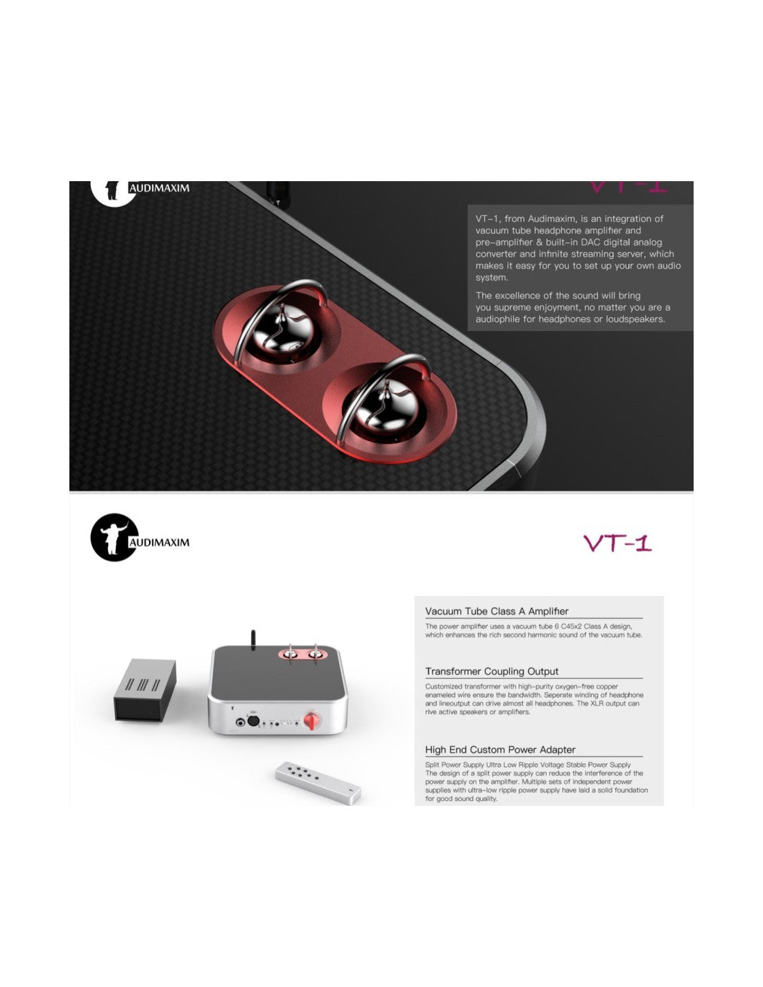 Promotional product graphic for the audimaxim VT-1 Vacuum Tube Class A Amplifier. The top half shows a red and black 3D render of the VT-1 vacuum tube, with descriptive text on a dark textured background.
