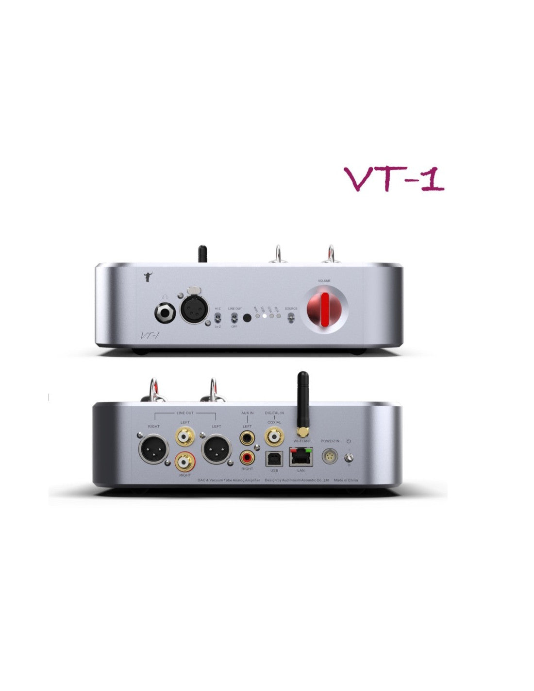 A silver audimaxim vt-1 audio device shown from the front and back on a white background, with a pink 'VT-1' text overlay in the upper right.