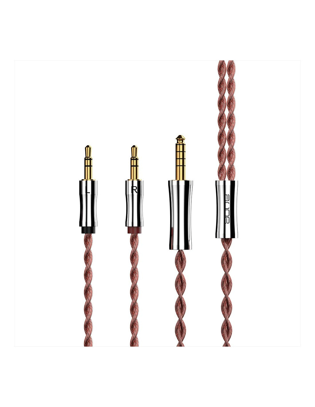 Twisted copper cable end connectors with gold-plated tips and silver housings