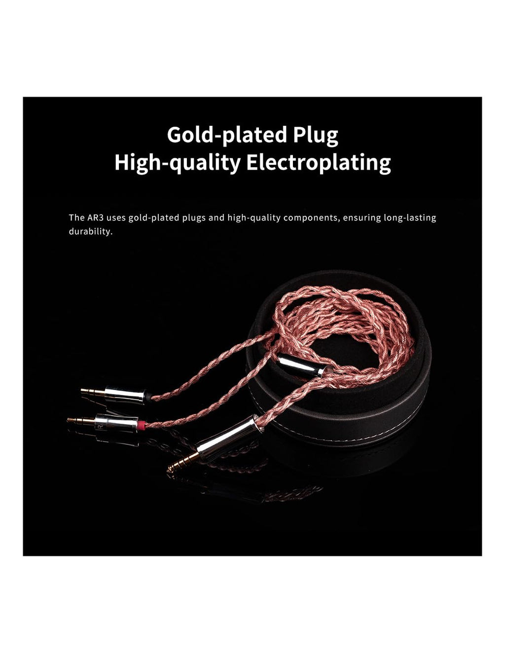 Gold-plated headphone cable plugs with twisted copper braid and three connector tips
