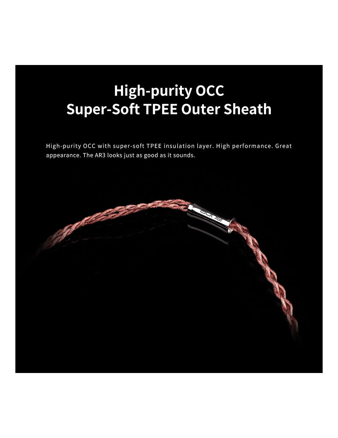 Copper braided audio cable with soft outer sheath and silver metal strain relief