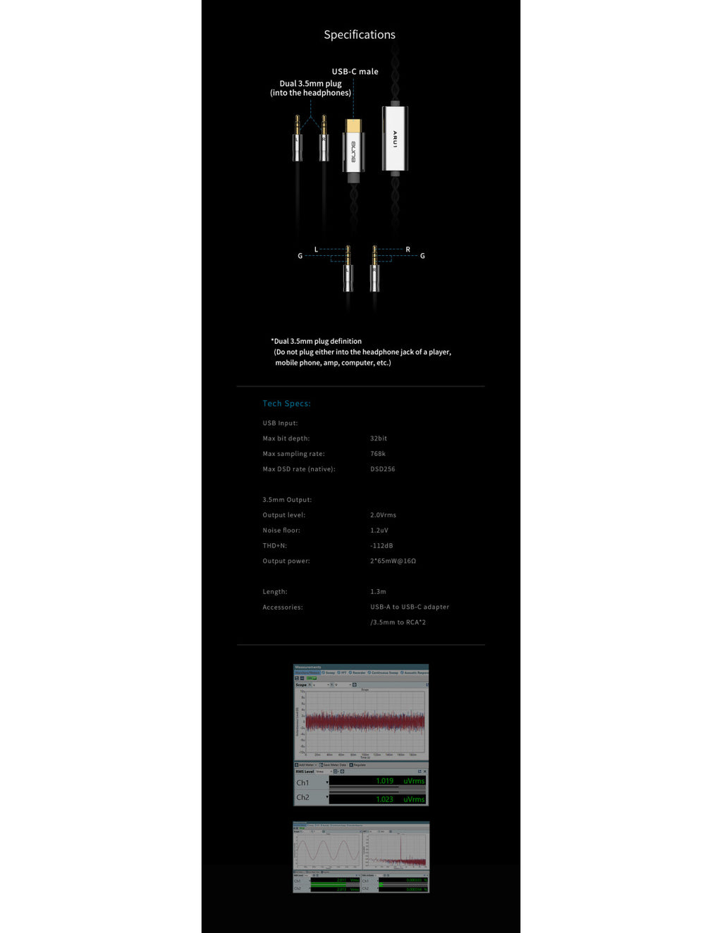 aune ARU1 USB DAC specifications page with diagrams and frequency plots