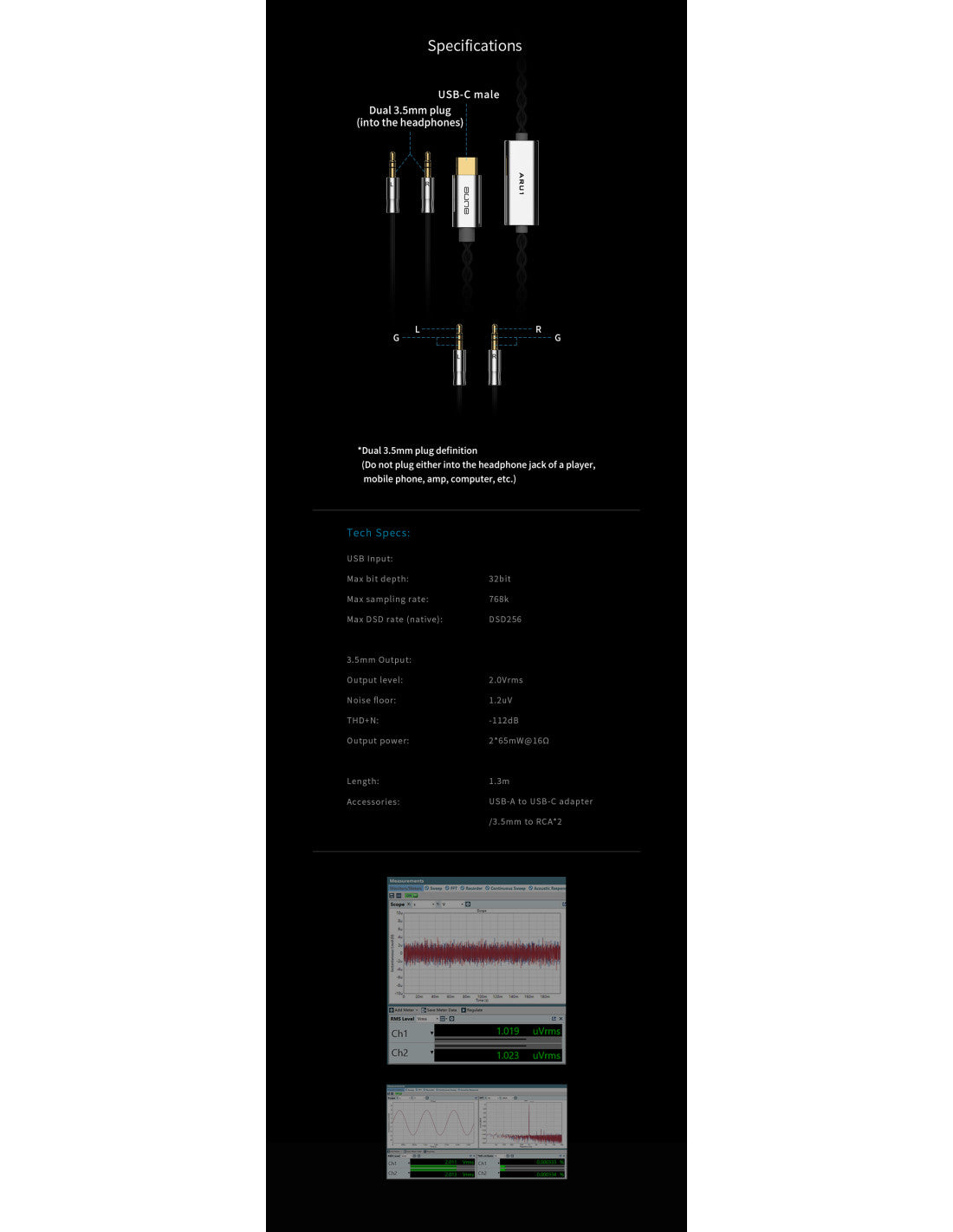 aune ARU1 USB DAC specifications page with diagrams and frequency plots