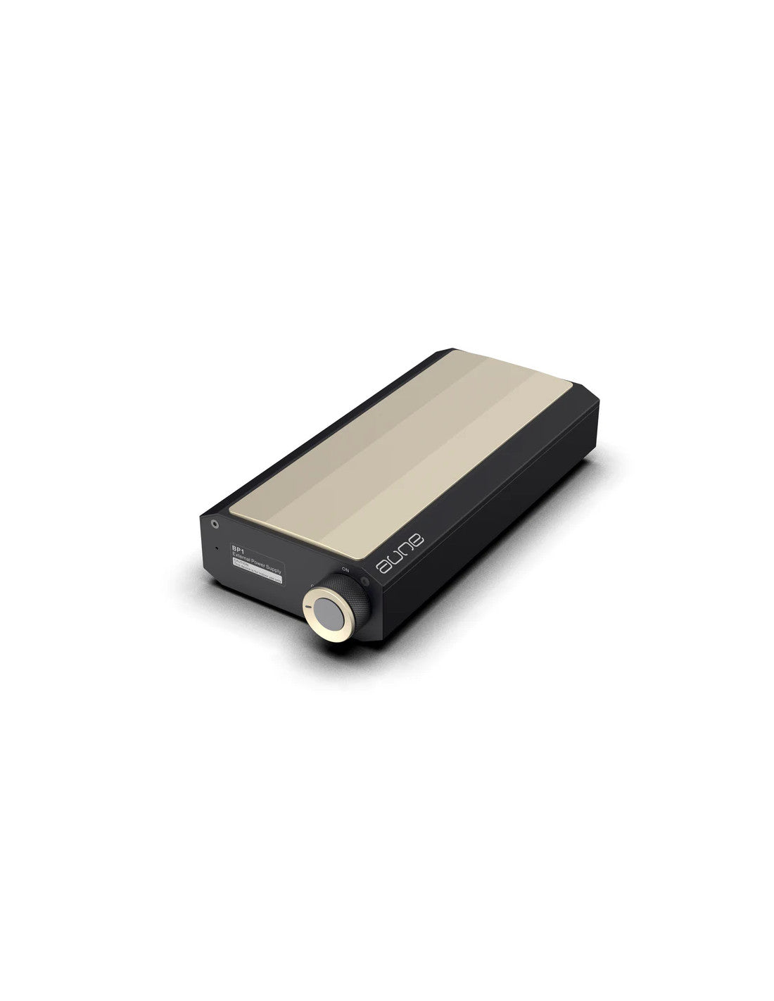 aune BP1 external power supply, black metal box with gold top and front knob