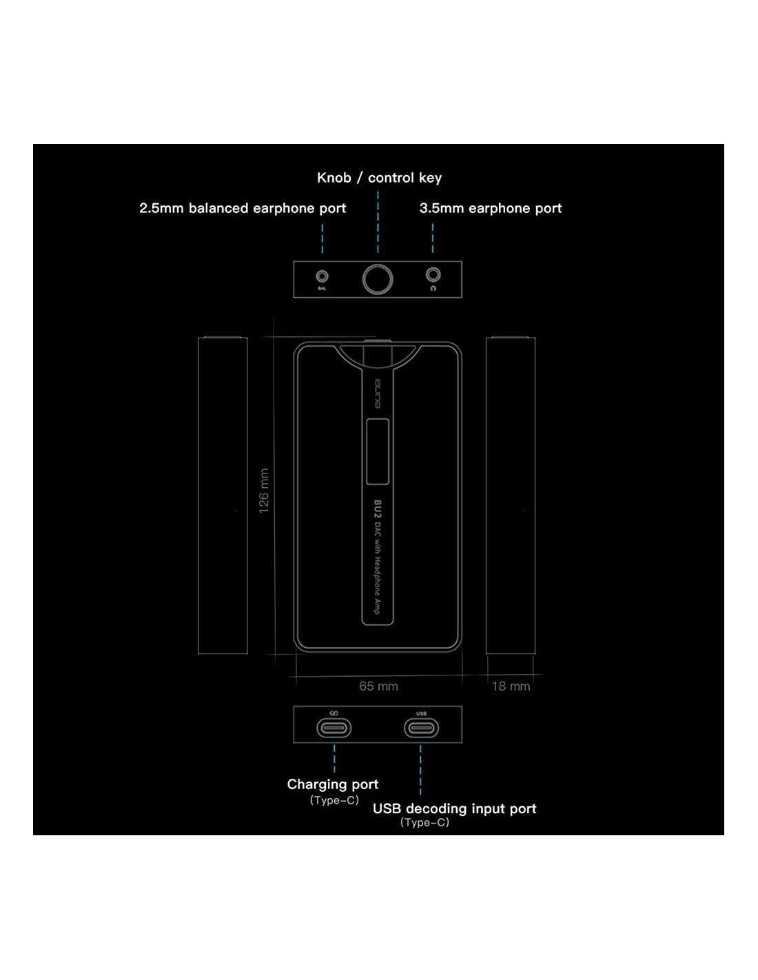 A black technical specification diagram showing the dimensions and port locations of a portable speaker, including a 2.5mm balanced earphone port, 2.