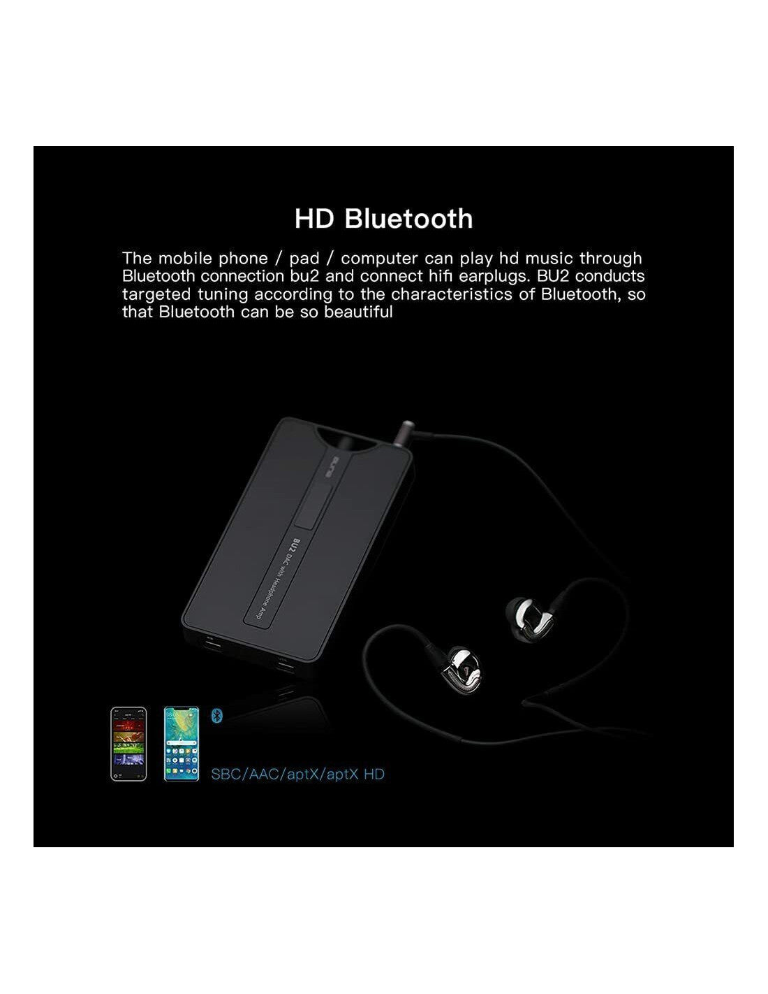 A black Bluetooth earplug adapter with a cable and in-ear pieces on a black background, with white text describing Bluetooth music playback and small compatibility icons for a phone and tablet.