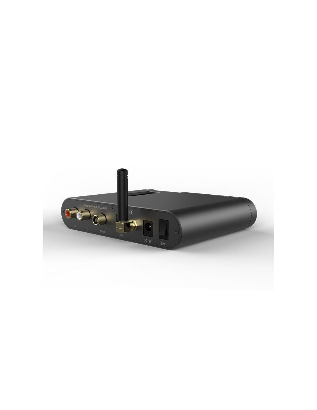 Black Bluetooth DAC with tall antenna, front audio jacks and rear power port
