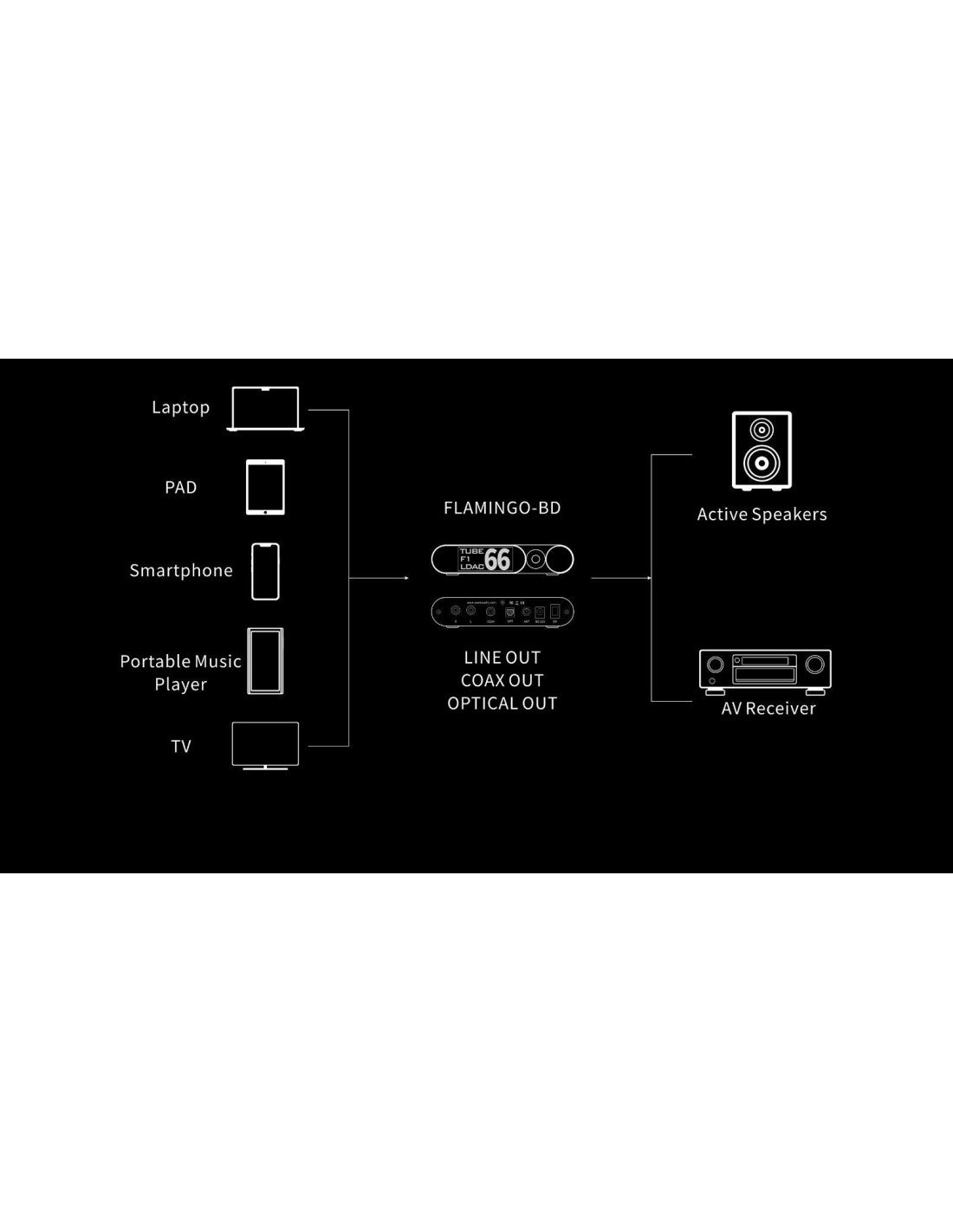 Bluetooth DAC connection diagram showing LINE OUT, COAX OUT, and optical OUT