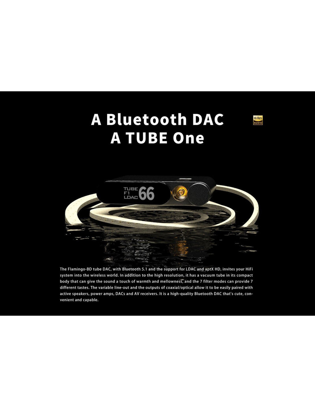 Black Bluetooth DAC with tube-style branding and front circular dial