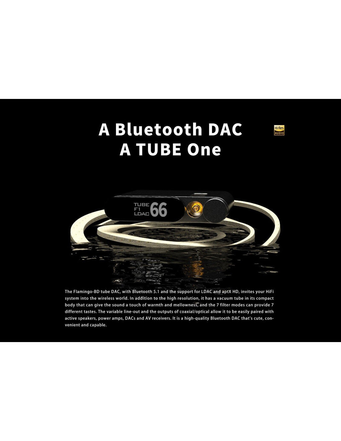Black Bluetooth DAC with tube-style branding and front circular dial