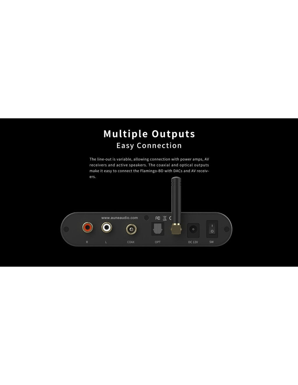 aune Flamingo-BD Bluetooth DAC, black unit with front ports and antenna