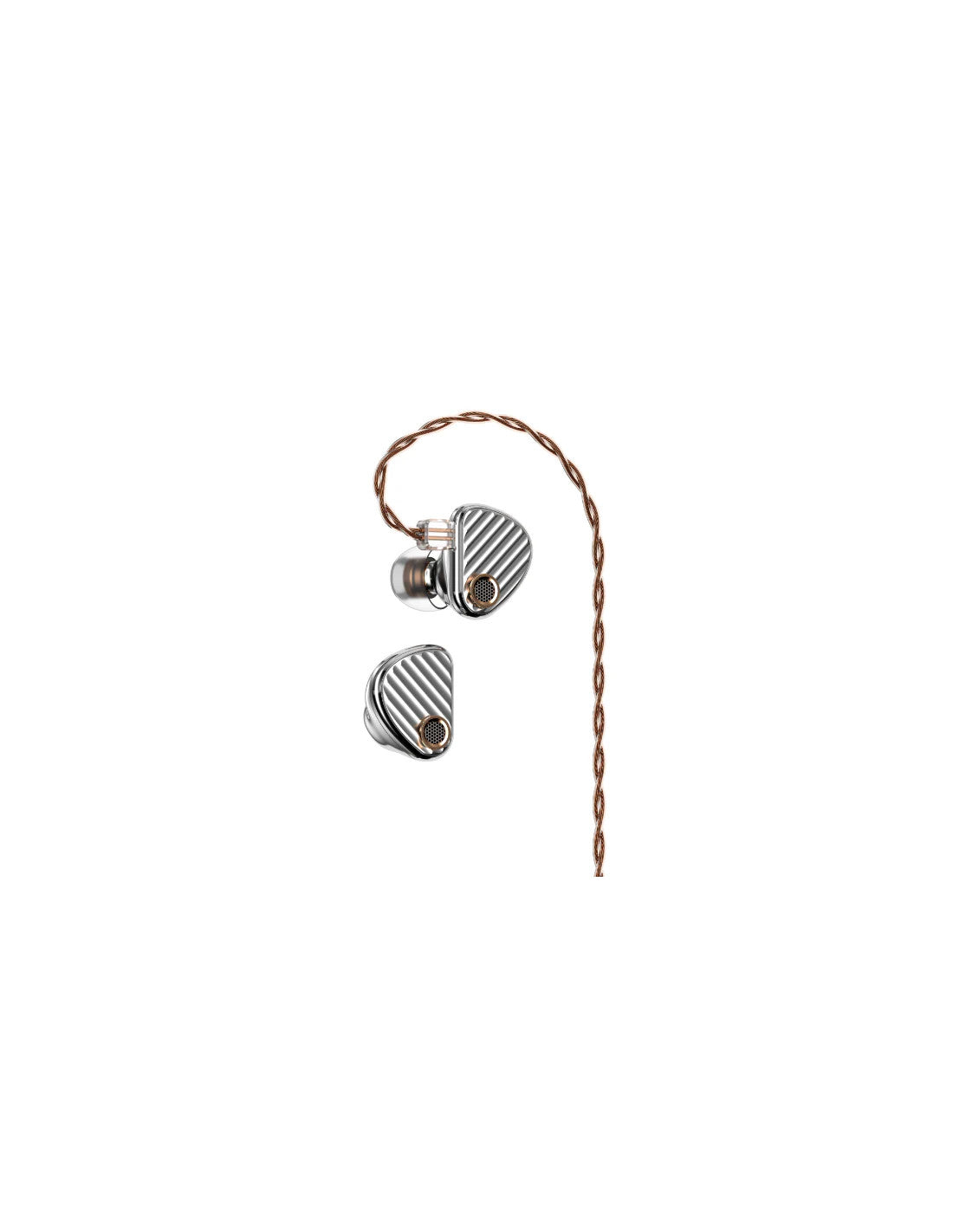 aune IR 300 A pair of in-ear monitors with a brushed silver metallic finish and diagonal stripe detailing, connected by a copper-colored cable on a solid white background.