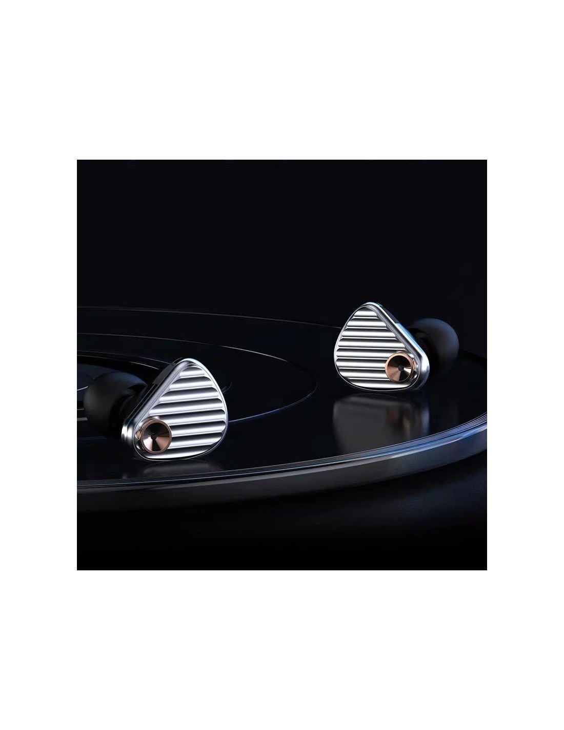 aune IR300 Two metallic silver in-ear earphones with a ribbed triangular design and black silicone tips, resting on a glossy black surface against a dark background.