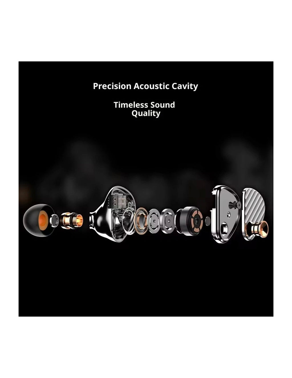 In-ear monitors with detailed internal cavity render and silver metal earpieces