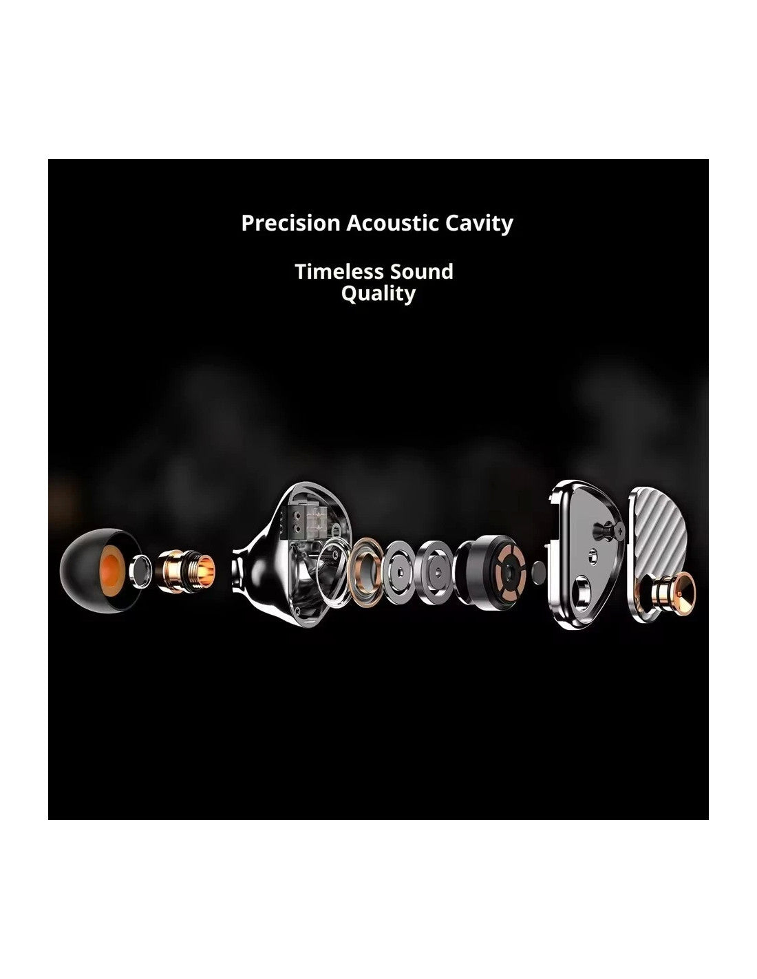 aune ir300 An exploded view diagram of a high-end in-ear monitor, showcasing its precision acoustic cavity design and internal components, set against a dark background with white text reading 'Precision Acoustic Cavity' and 'Timeless Sound Quality'.