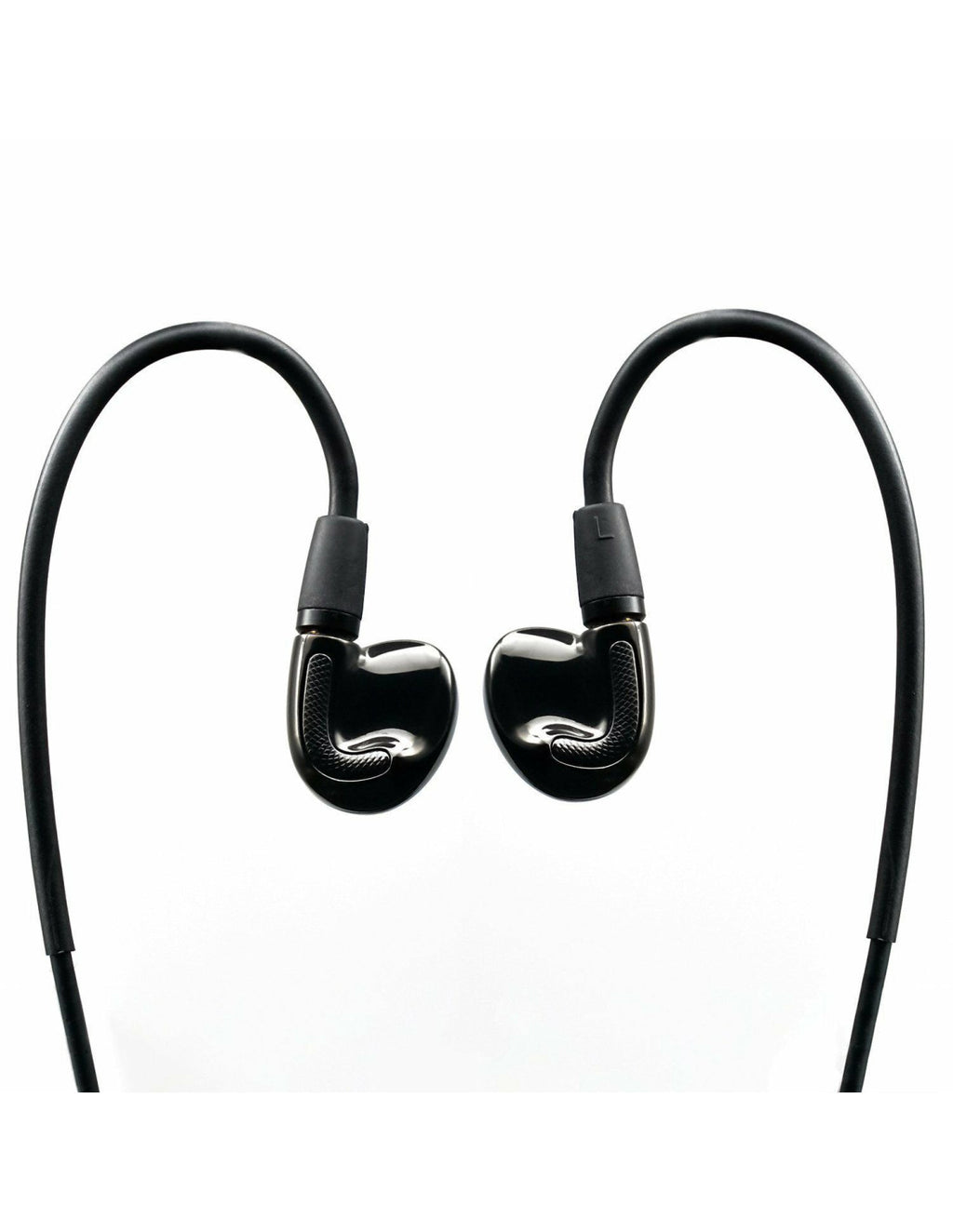 aune Jasper in-ear monitors with black cable and glossy metal earbuds, front view