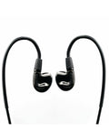 aune Jasper in-ear monitors with black cable and glossy metal earbuds, front view