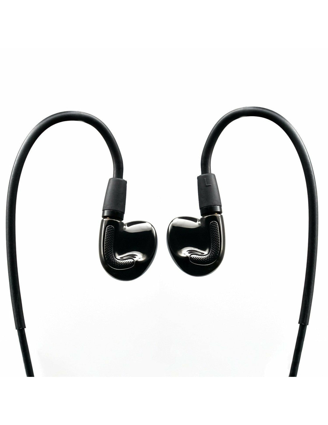 aune Jasper in-ear monitors with black cable and glossy metal earbuds, front view