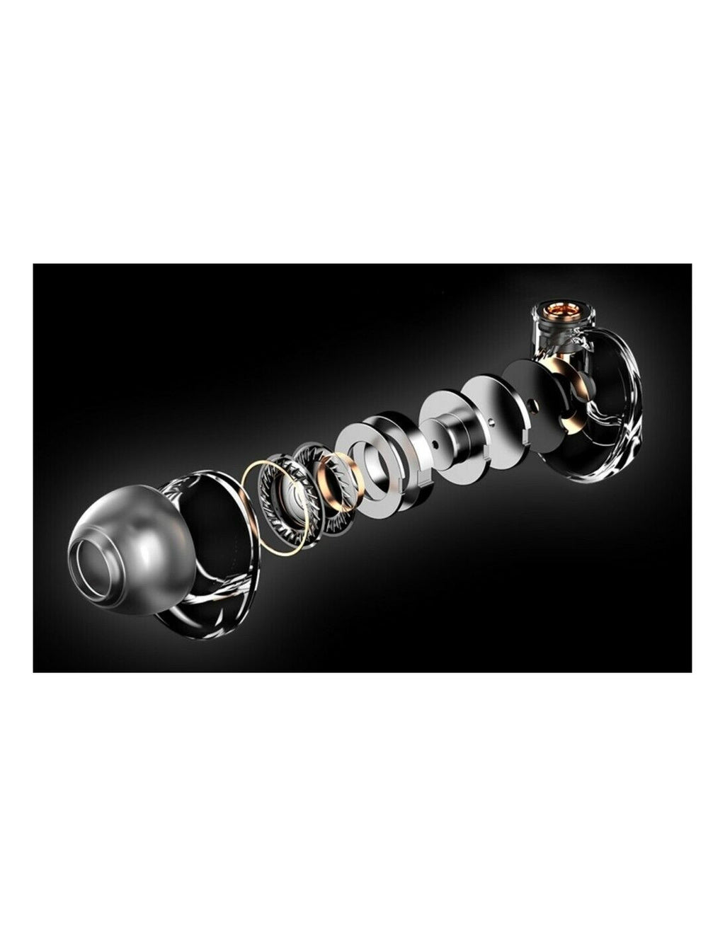 aune Jasper in-ear monitors with shiny metal earbuds and cable, angled view